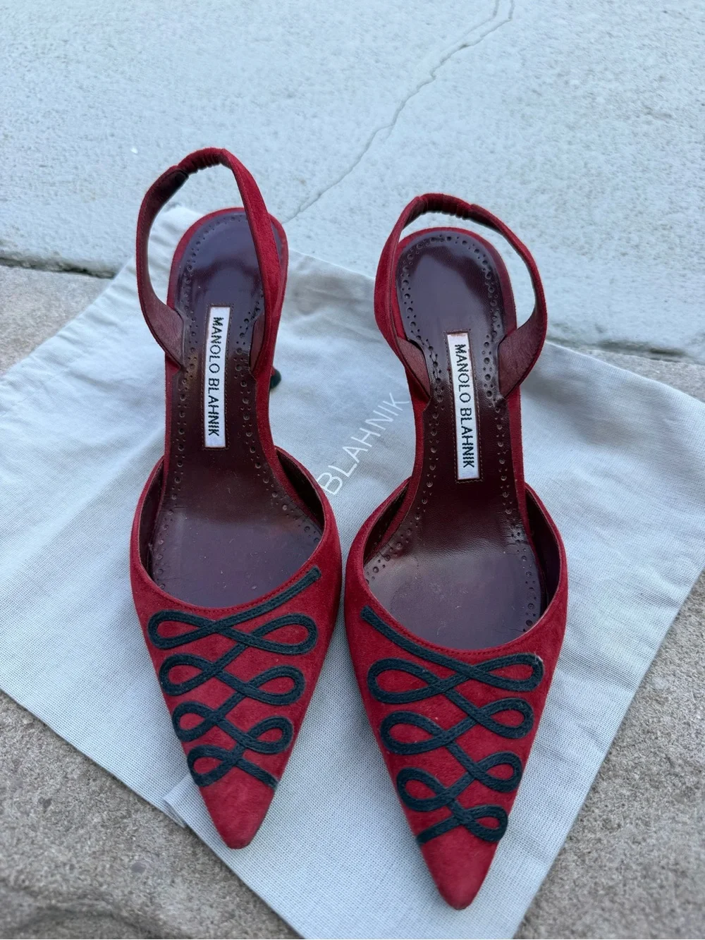 Manolo Blahnik Red Suede Pointed Slingback Heels with Black Trim